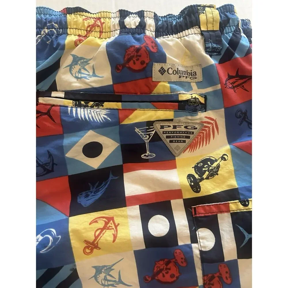 COLUMBIA PFG Men’s XL OMNI-SHADE Swim Trunks Colorful SAILING FLAGS‎ SHORTS Fish